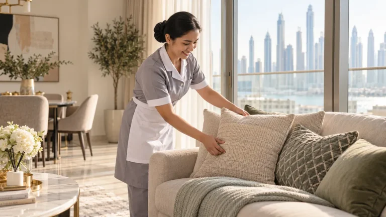 A smiling maid in a neat uniform tidying a bright, modern living room