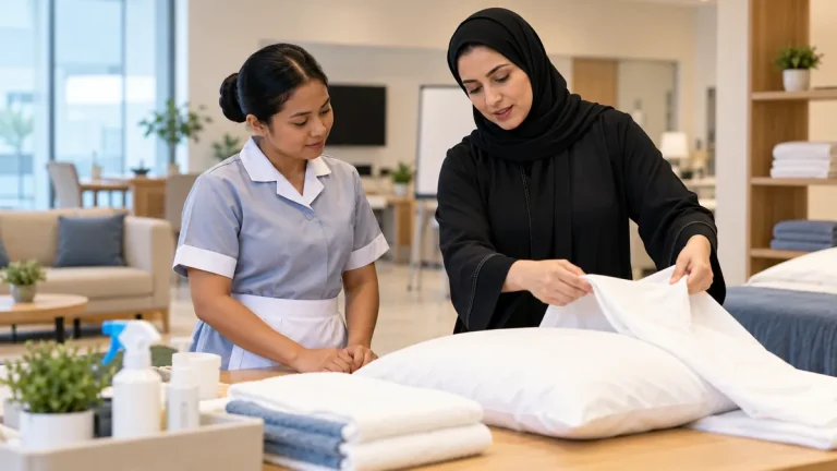 A trained domestic worker learning household care from an instructor in a Tadbeer centre training room