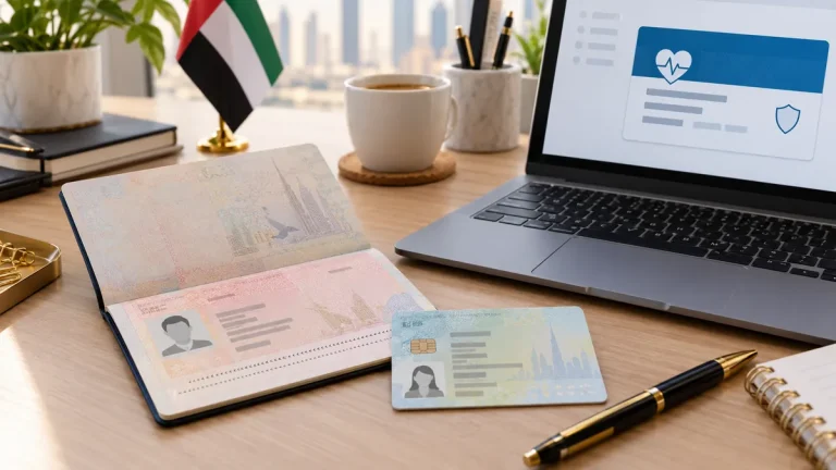 A residence visa page and an Emirates ID on a desk beside a laptop showing a health insurance card