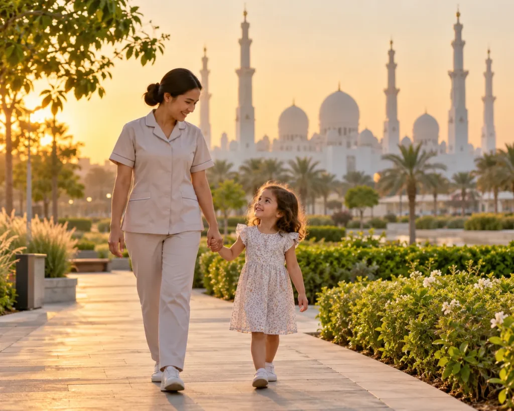 A nanny and a young child walking in a sunny Abu Dhabi park with the Sheikh Zayed Grand Mosque softly blurred in the background at golden hour