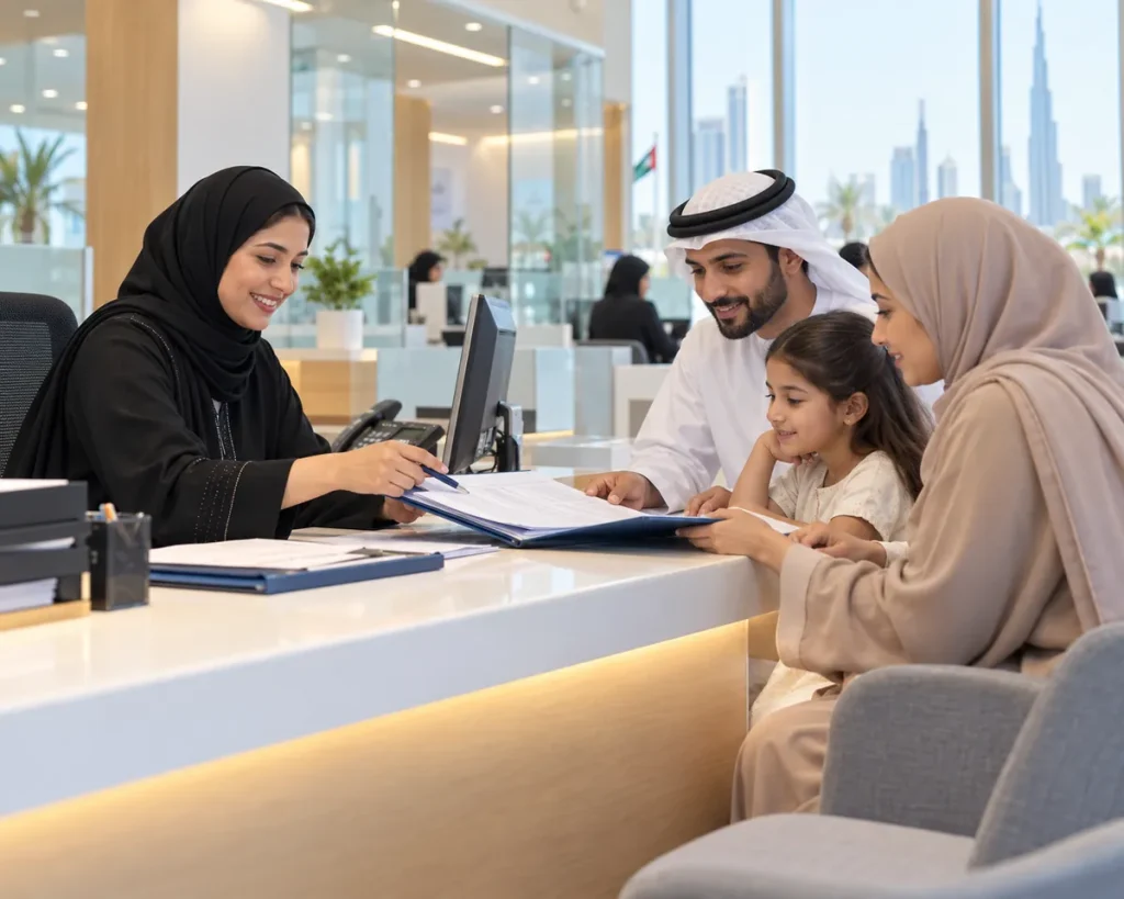 A friendly consultant at a Tadbeer service centre counter in Dubai guiding a family through maid visa paperwork, bright modern office