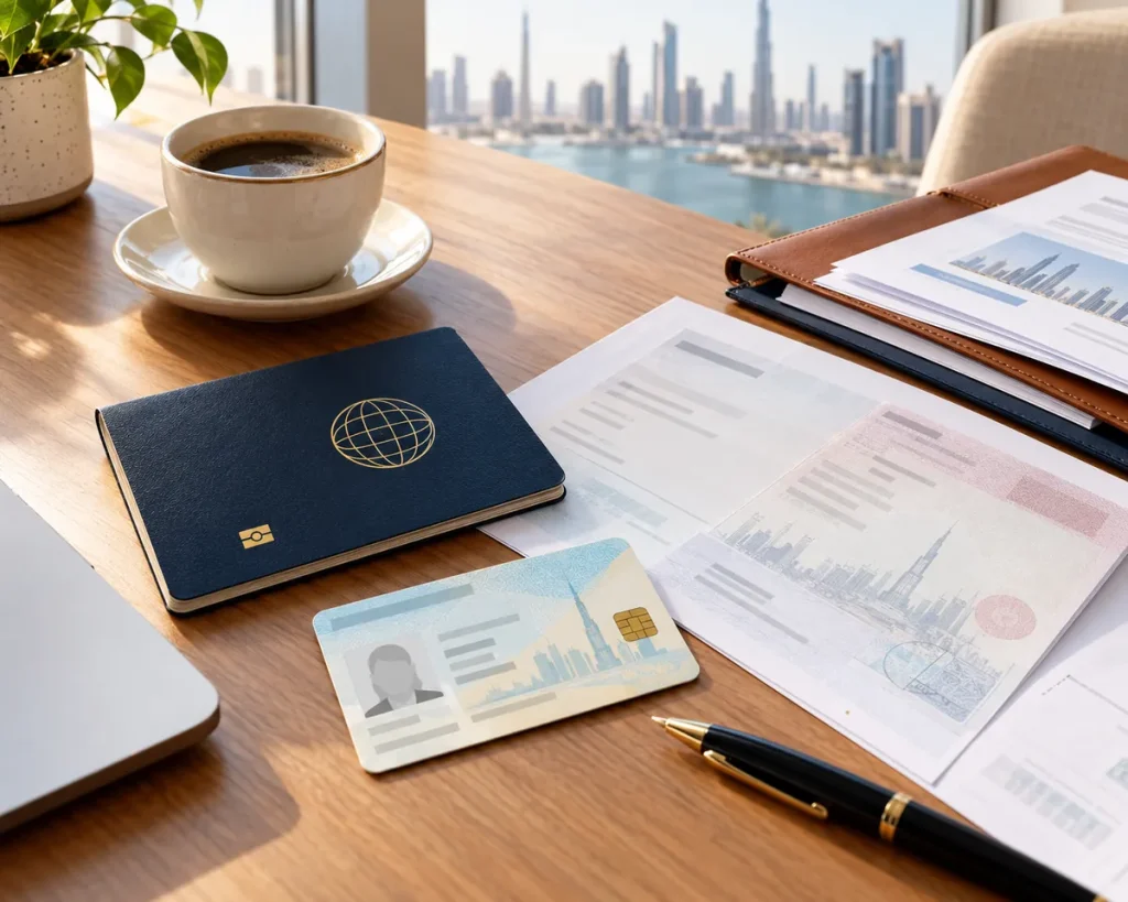 Passport, Emirates ID card and visa documents neatly laid out on a desk next to a pen and a cup of coffee