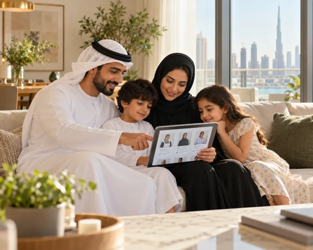 A relaxed family on a sofa at home browsing maid and nanny profiles on a tablet, warm daylight