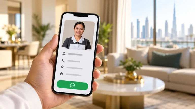 A hand holding a phone that shows a maid's contact card with a WhatsApp button