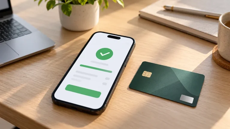 A phone and a bank card at a checkout screen showing a successful payment, clean desk