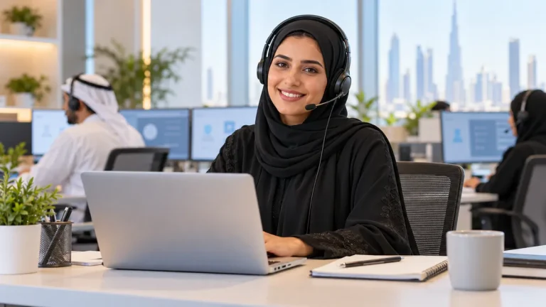 A friendly support agent wearing a headset smiling at a helpline desk