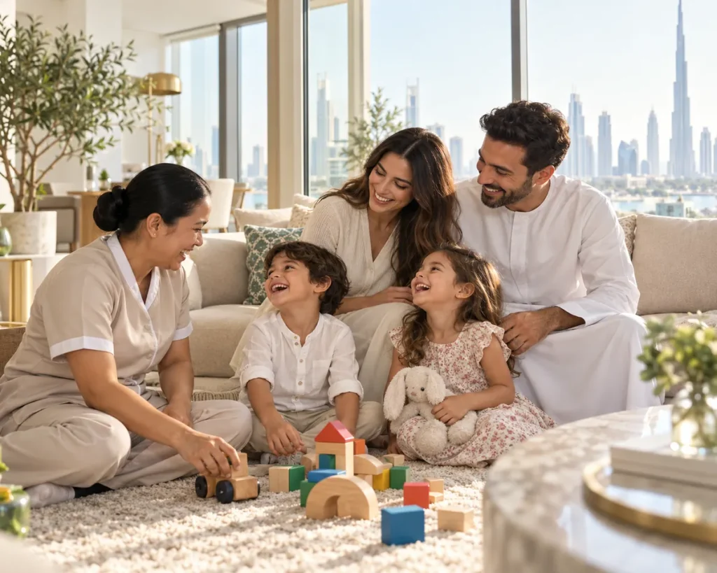 A happy family laughing together with their nanny in a bright Dubai living room