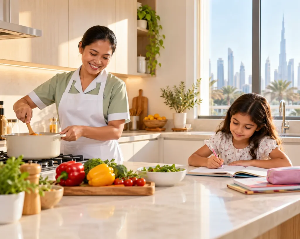 A smiling housekeeper preparing a meal in a tidy family kitchen while a child does homework at the counter